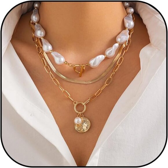 Gold Pearl Necklace for Women Gold Layered Necklaces Chunky Statement Stackable - Picture 1 of 6